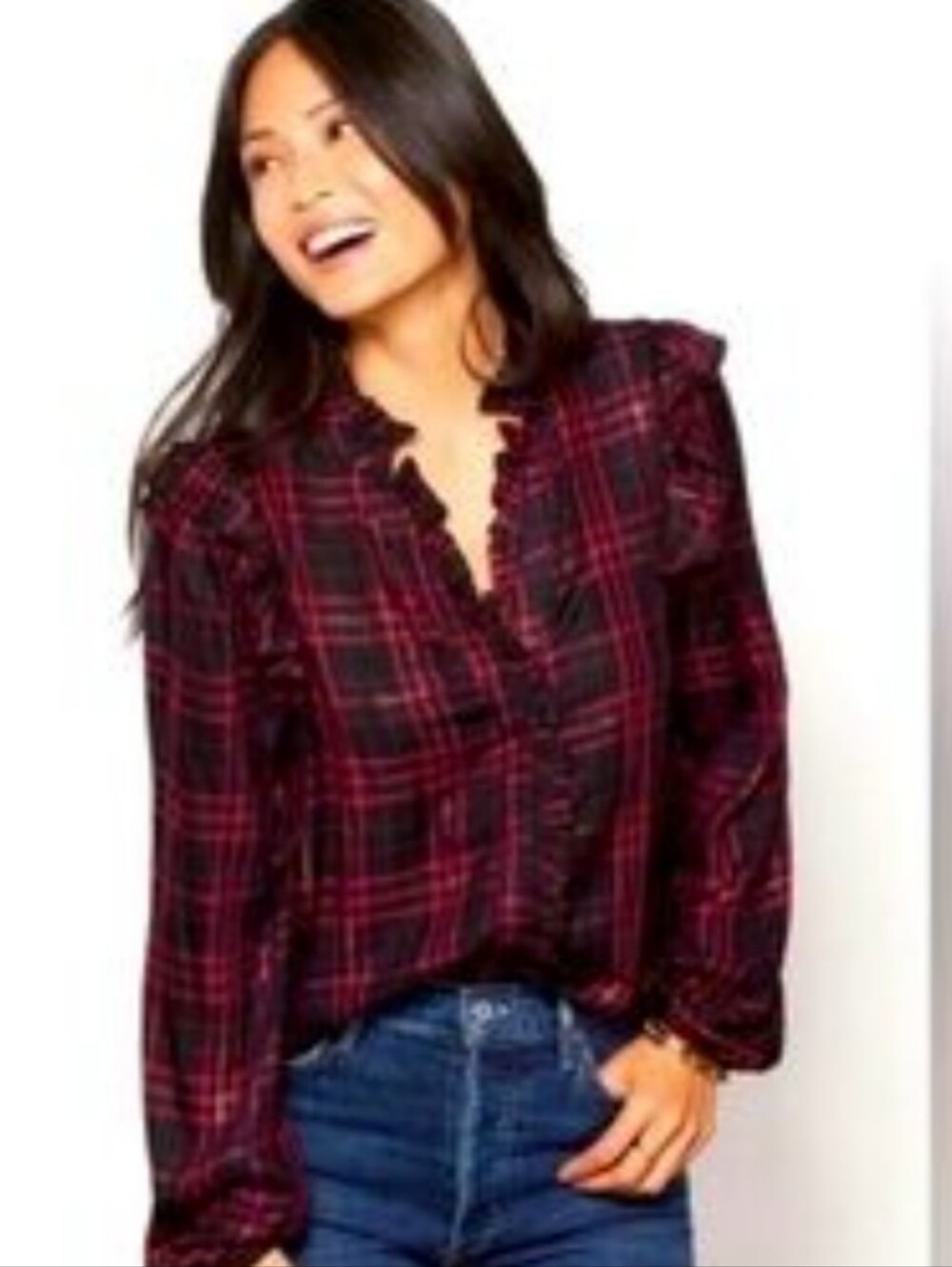 Evereve Black and Red Plaid Ruffle Detail Long Sleeve Top
